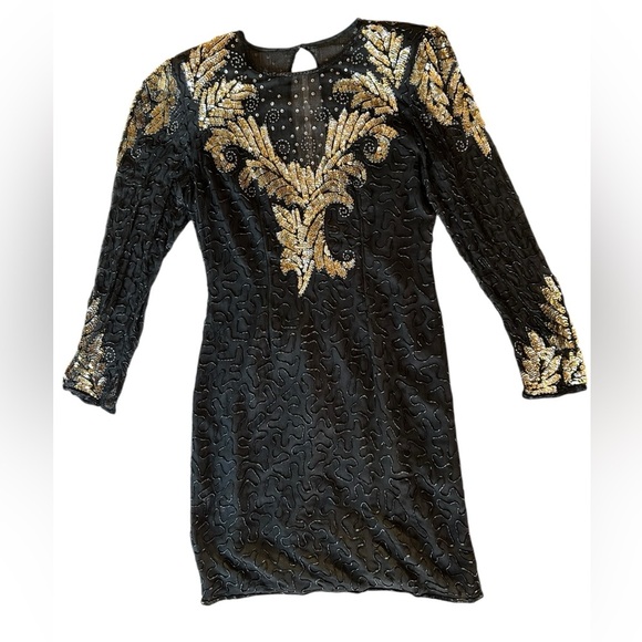 Laurence Kazar Dresses & Skirts - Vintage 80s Laurence Kazar Cocktail Party Black Gold Sequined Beaded Silk Dress